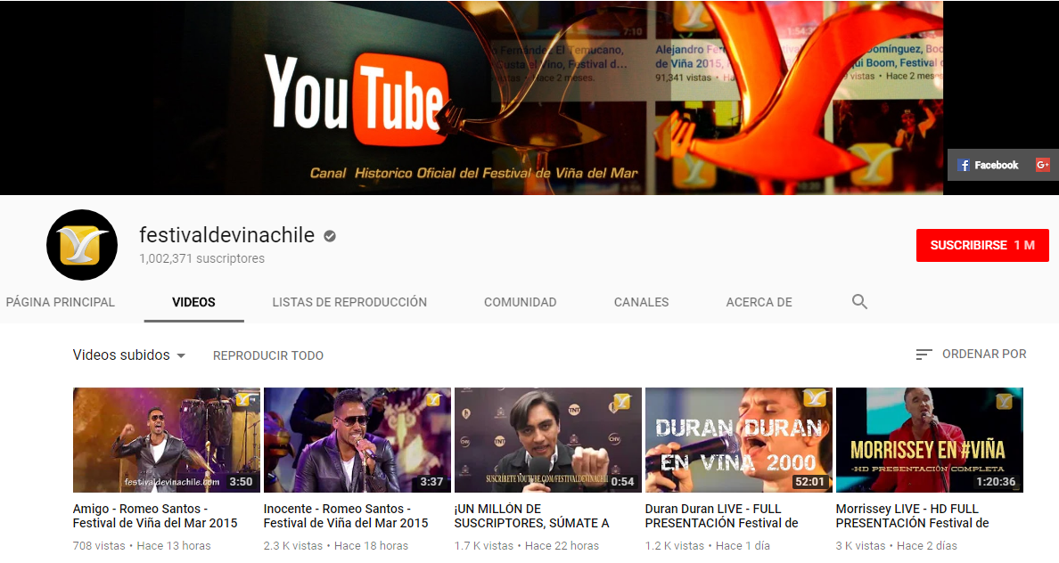 Canal de YouTube del Festival de Viña del Mar alcanzó 1 millón de seguidores
