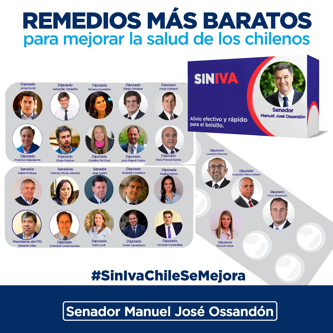 Senador Ossandón suma a 25 parlamentarios RN, Evópoli y PRI a campaña para pedir al Gobierno fin del IVA a medicamentos