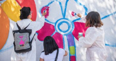 Mujeres pintan mural colectivo en el Juzgado de Policía Local de Quilpué