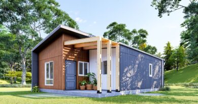 Vivienda industrializada modelo Tamarugo en Villa Alemana. Casa de madera, un piso, sombreadero. Reconstrucción post-incendio El Patagual.