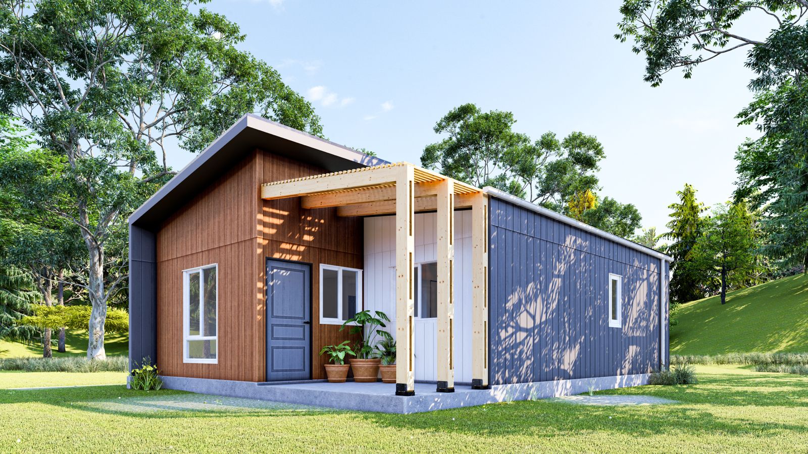Vivienda industrializada modelo Tamarugo en Villa Alemana. Casa de madera, un piso, sombreadero. Reconstrucción post-incendio El Patagual.