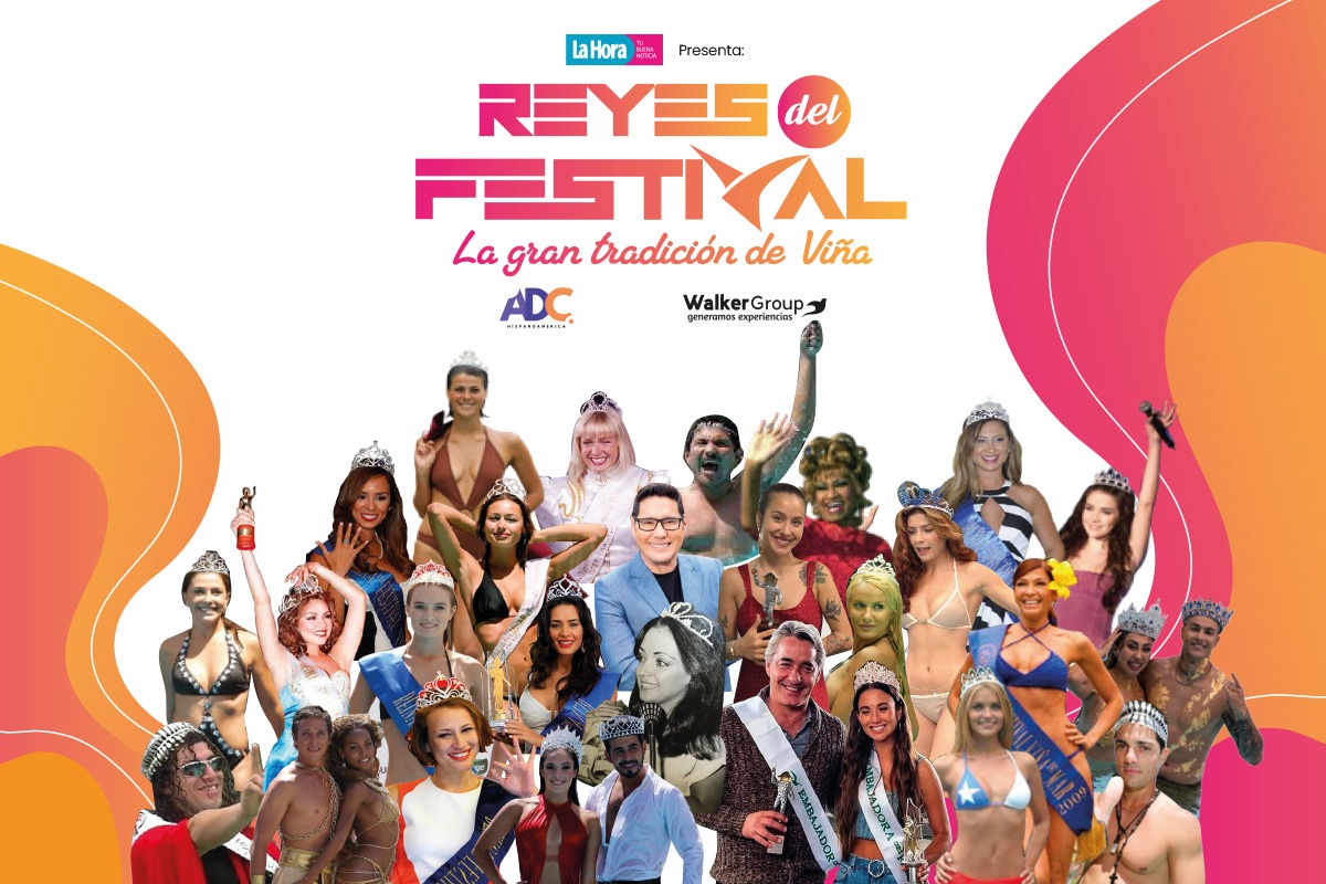 Reyes del Festival de Viña: collage de Reinas y Reyes históricos con coronas y bandas. Vuelve la gran tradición de popularidad.