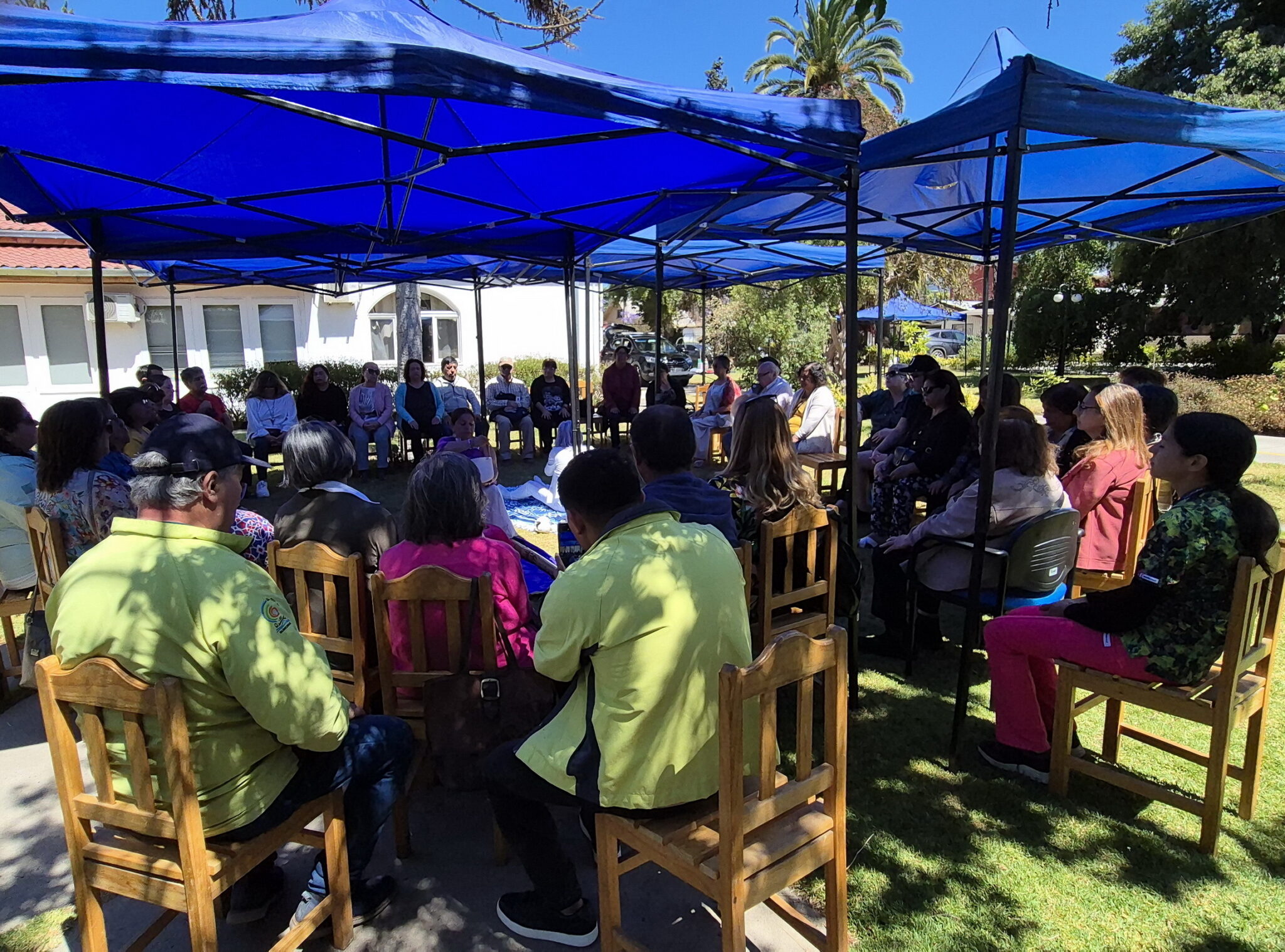 50 cuidadores de dependencia severa en capacitación PADDS de SaludQuillota, bajo toldos azules en Quillota.