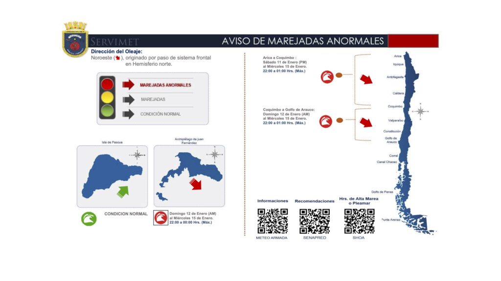Gráfico SERVICET: Aviso de Marejadas Anormales Noroeste en costa de Chile (Arica a Golfo de Arauco) y Juan Fernández, 11-15 enero.