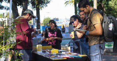 Visitantes exploran libros y artesanías en la Feria Creativa Local de FECICH en Plaza Irarrázabal, Quilpué.