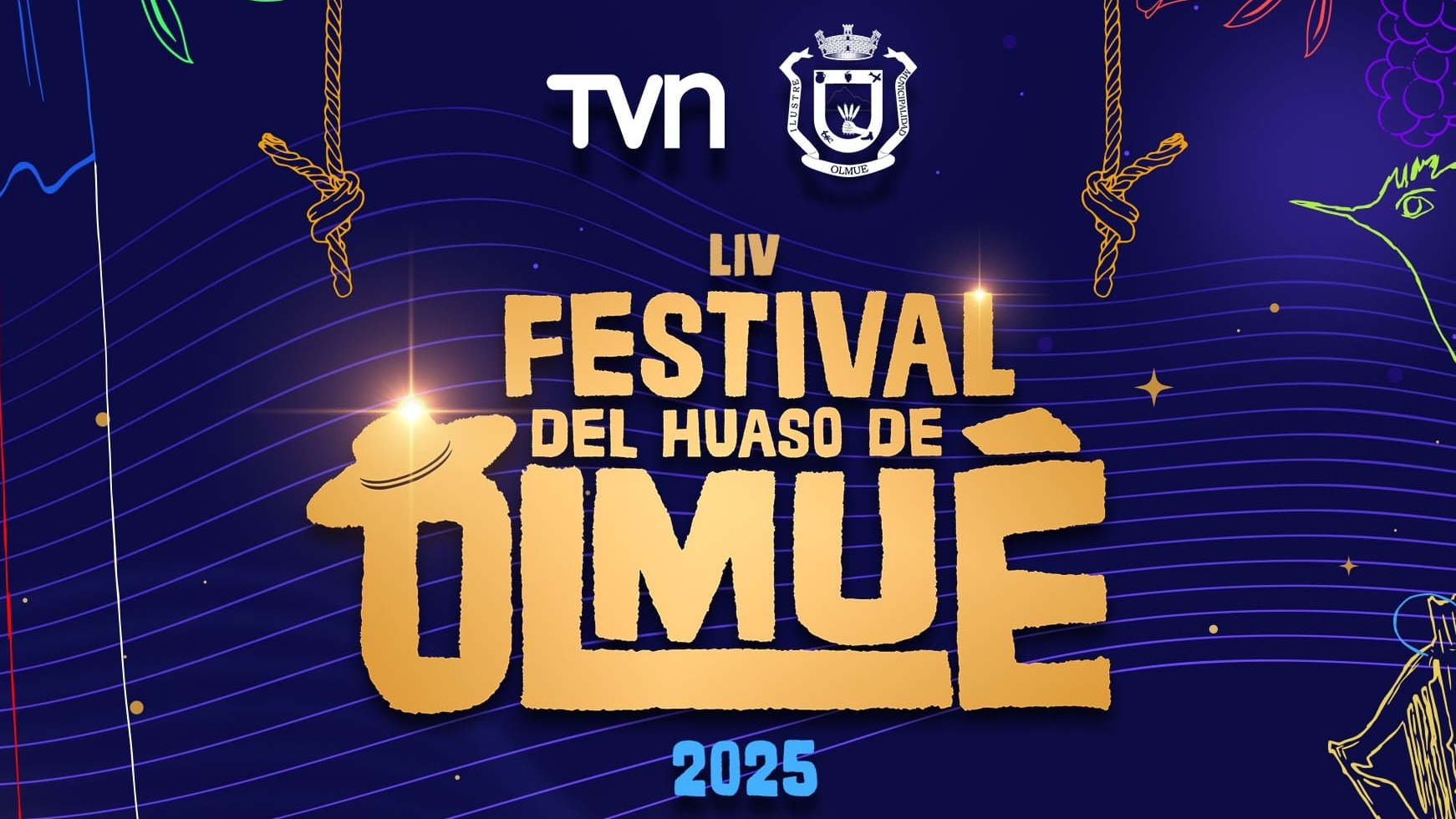 LIV Festival del Huaso de Olmué 2025. Título dorado, logos TVN y Olmué. Jurado: Álvarez, Meyer, Reyes, Molina, Aburto.