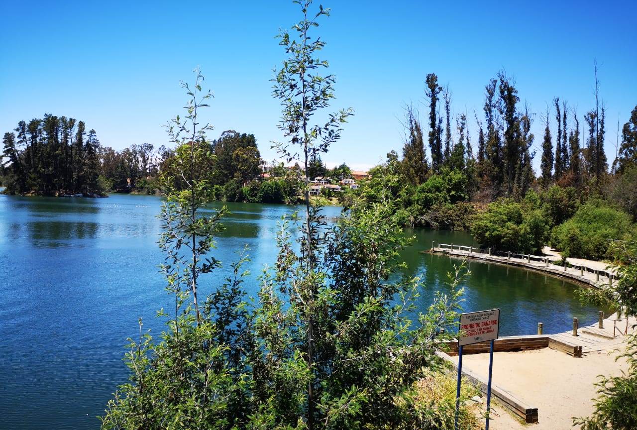 Tranque La Luz, Placilla. Embalse Esval: aguas azules, vegetación, muelle. 18 toneladas de basura retiradas en 2024.