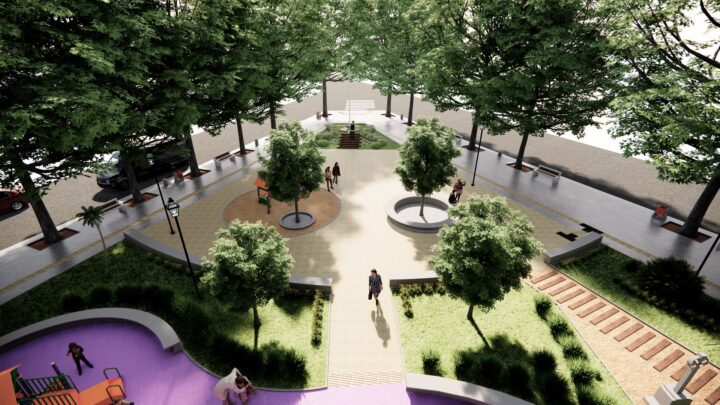 Render de la remodelada Plaza Forestal en Viña del Mar. Muestra juegos infantiles, áreas verdes y rutas accesibles.