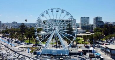 Gran Rueda en Avenida Perú, Viña del Mar. Vista de la ciudad costera con edificios y palmeras, parte de las atracciones de verano.