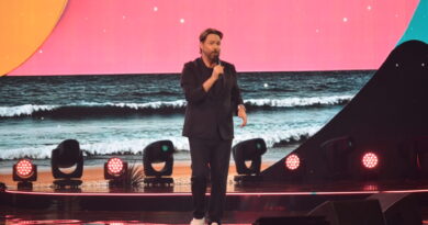 George Harris, comediante venezolano, en el escenario con micrófono. Fondo de playa y cielo rosa. Su show fue polémico en Viña.