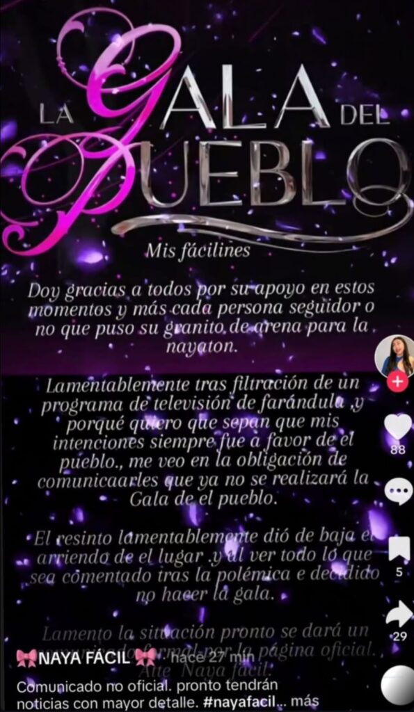 Publicación de Naya Fácil anunciando la suspensión de la Gala del Pueblo. Título brillante, texto y su perfil en redes.