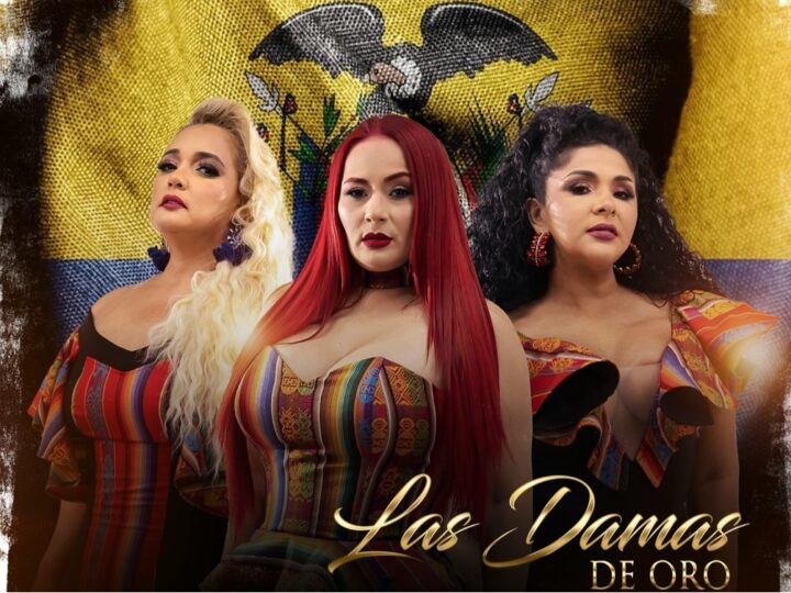 Las Damas de Oro, trío ecuatoriano de folclore, con trajes vibrantes y bandera de Ecuador. Viña 2025.