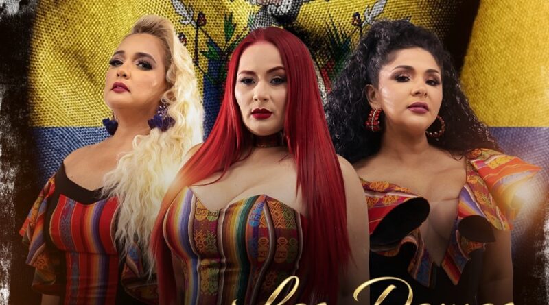Las Damas de Oro, trío ecuatoriano de folclore, con trajes vibrantes y bandera de Ecuador. Viña 2025.