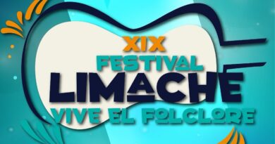 Logo XIX Festival Limache Vive el Folclore 2025. Guitarra estilizada y texto azul, naranja, turquesa.