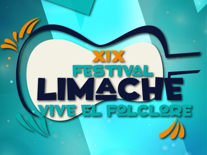 Logo XIX Festival Limache Vive el Folclore 2025. Guitarra estilizada y texto azul, naranja, turquesa.