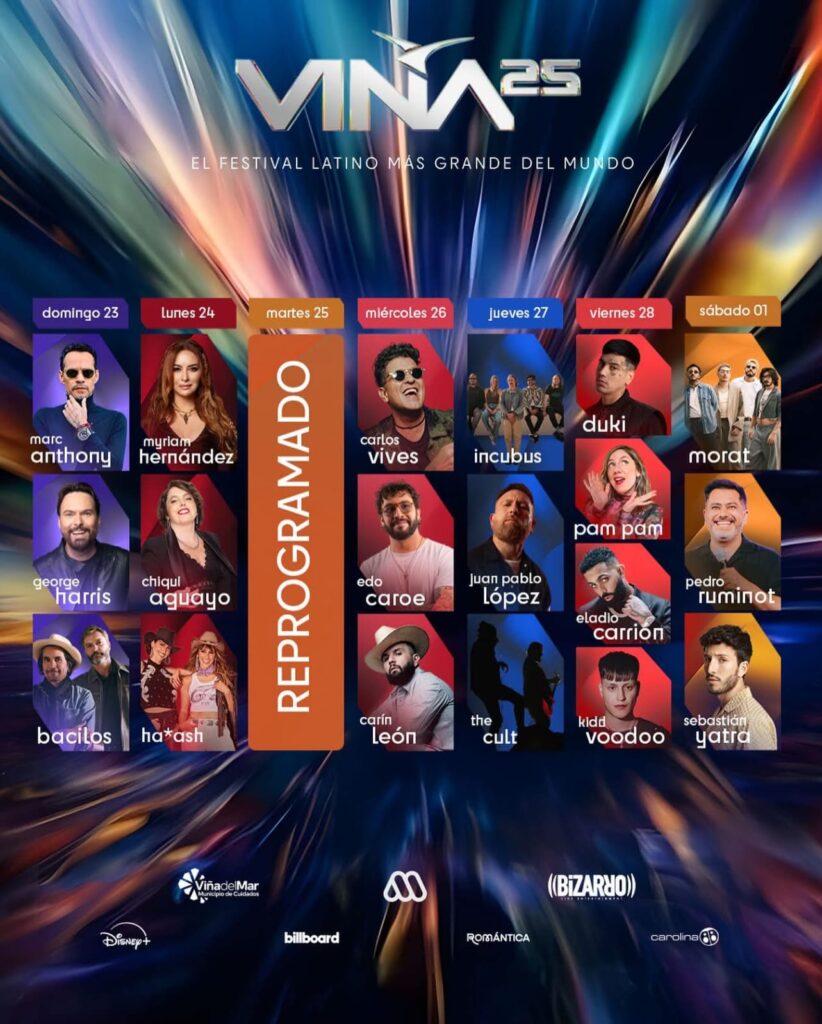 Programación Festival de Viña 2025. Martes 25 de febrero reprogramado al 1 de marzo. Artistas: Marc Anthony, Carlos Vives.