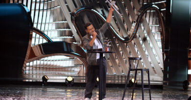 Pedro Ruminot triunfa en Viña 2025. Comediante chileno levanta trompeta y Gaviota en el escenario.