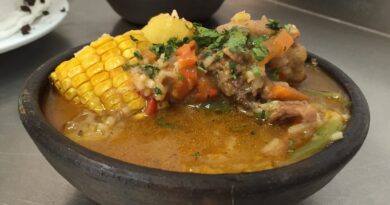 Cazuela chilena en pocillo de greda con choclo, papas, carne y caldo. Plato criollo tradicional para el 30 de julio.