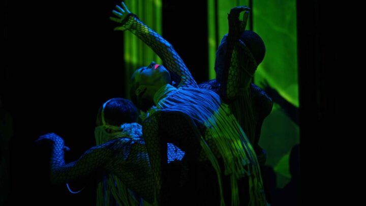 Actrices de Terrápolis en escena. Luces azules y verdes, vestuario de red. Crisis ambiental Quintero y Puchuncaví.