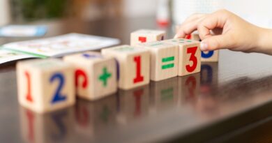 Niño forma 2+1=3 con bloques. Juego y exploración para el pensamiento matemático en la infancia y educación parvularia.