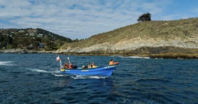 Bote 'CATALINA I' en Zapallar, Chile. Vigilancia con hidrófonos protege refugios marinos y frena extracción ilegal.