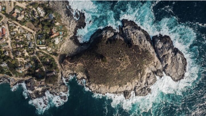 Costa de Zapallar: península rocosa con vegetación y olas. Refugio marino bajo vigilancia con hidrófonos para frenar extracción ilegal.