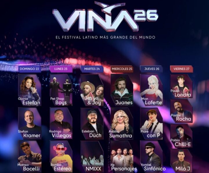 Parrilla oficial #Viña2026: Artistas musicales y humoristas como Kramer, Pastor Rocha, Gloria Estefan, Juanes, por día.