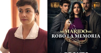 Tamara Acosta en uniforme de asesora del hogar y póster de "Mi Marido Me Robó La Memoria" con elenco estelar. Nueva producción dramática vertical de TVN