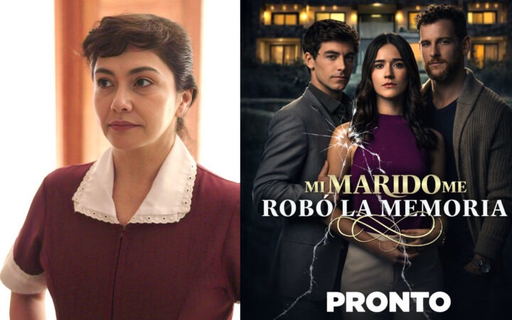 Tamara Acosta en uniforme de asesora del hogar y póster de "Mi Marido Me Robó La Memoria" con elenco estelar. Nueva producción dramática vertical de TVN
