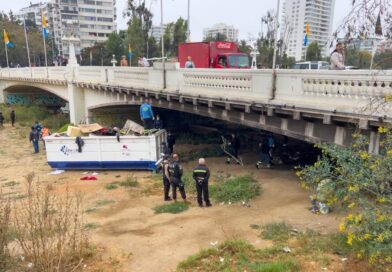 Operativo de limpieza en Estero Marga Marga, Viña del Mar. Equipo municipal retira desechos voluminosos bajo puente. Contenedor rebosante.
