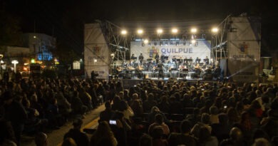 Público disfrutando de la Orquesta Municipal de Quilpué en un concierto nocturno.