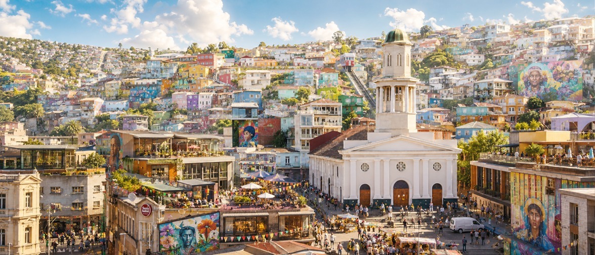 Valparaíso, con sus cerros llenos de casas coloridas y una iglesia blanca en primer plano.