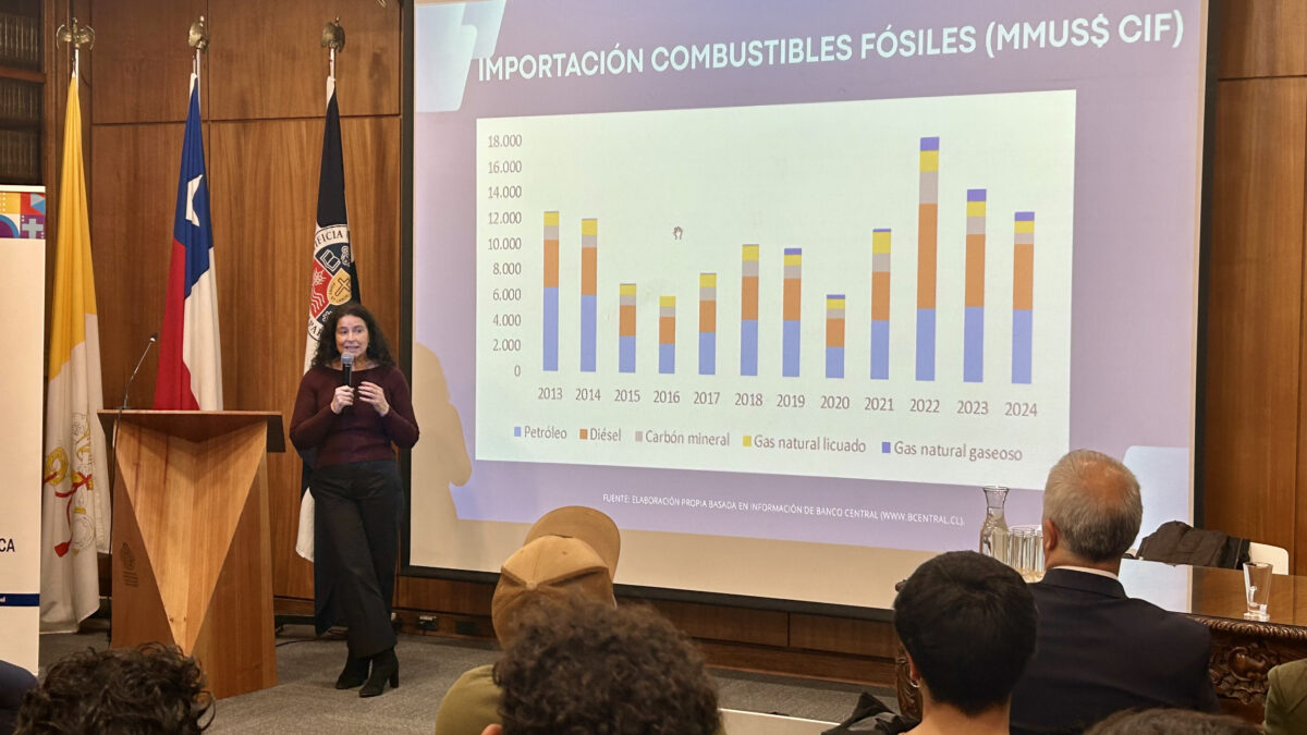 La economista Mónica Ruiz presentando datos sobre la importación de combustibles fósiles en Chile.