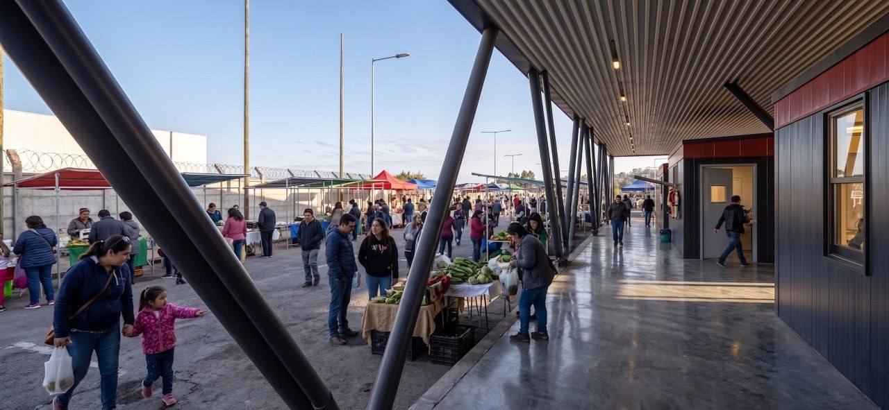 Personas transitando por la zona de la Feria Caupolicán con puestos de venta.