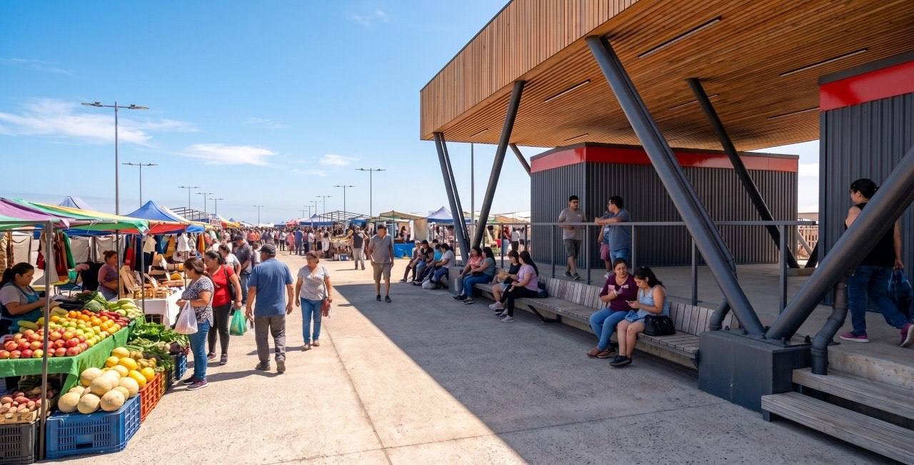 Detalle de la estructura moderna de la entrada a la Feria Caupolicán.