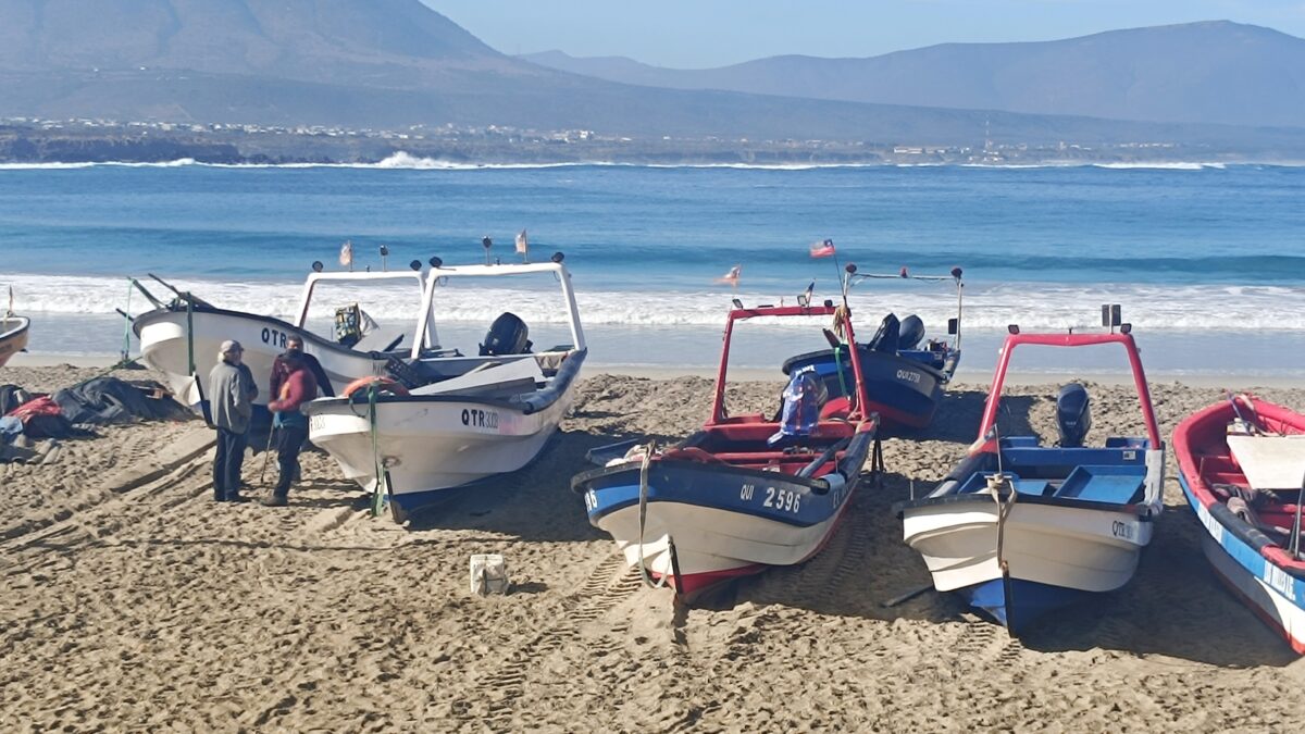 Botes pesqueros en la orilla de la playa de Caleta Los Molles.