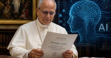 Ilustración del Papa León XIV analizando la encíclica Magnifica Humanitas sobre Inteligencia Artificial.