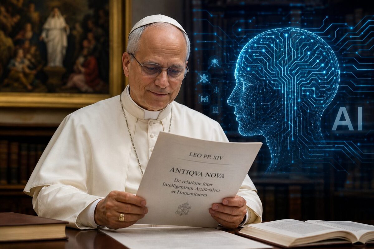 Ilustración del Papa León XIV analizando la encíclica Magnifica Humanitas sobre Inteligencia Artificial.