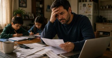 Padre preocupado revisando cuentas y facturas en su hogar junto a sus hijos.