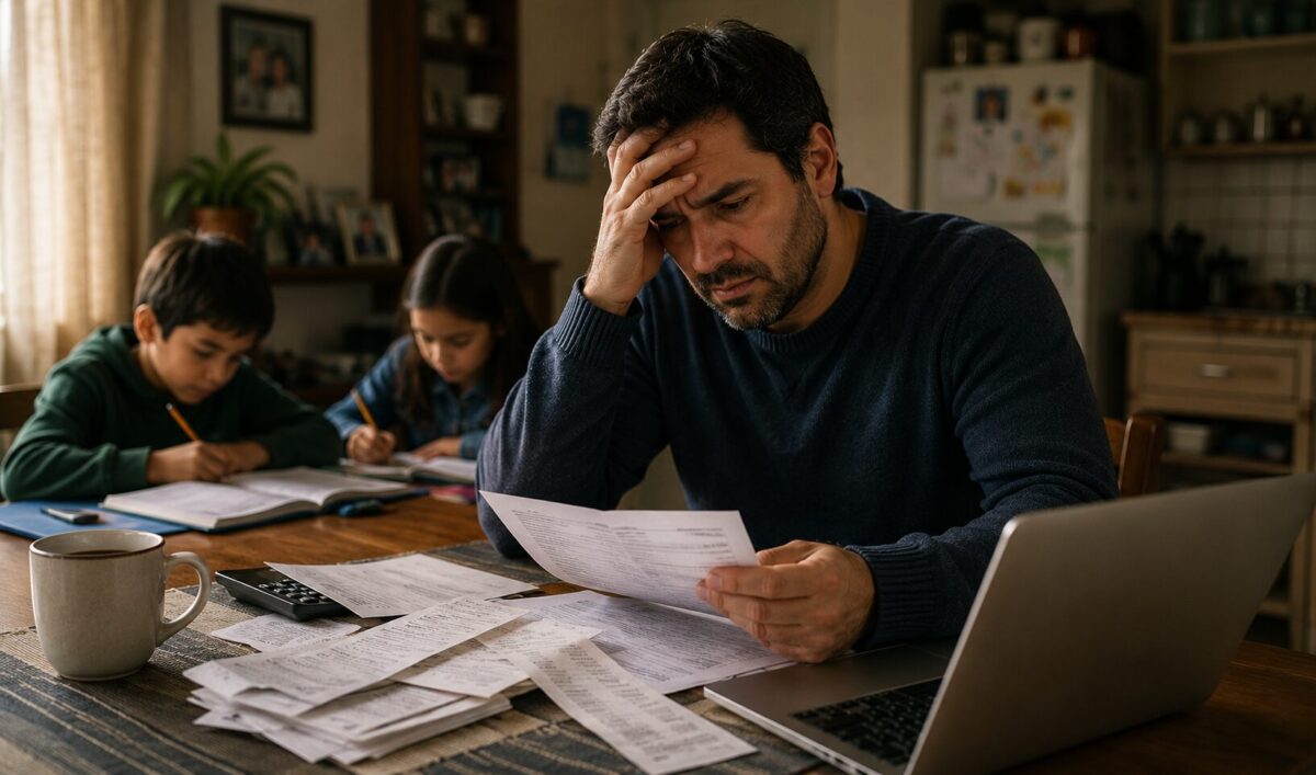 Padre preocupado revisando cuentas y facturas en su hogar junto a sus hijos.