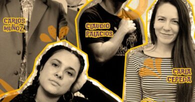 Afiche promocional del evento FestiMAC con los rostros de los artistas Claudio Palacios, Victoria Salazar, Carla Cepeda y Carlos Muñoz.