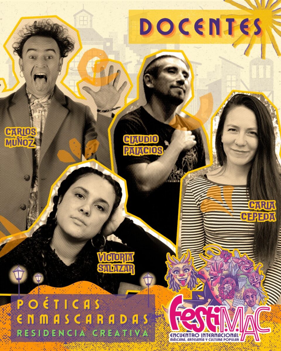 Afiche promocional del evento FestiMAC con los rostros de los artistas Claudio Palacios, Victoria Salazar, Carla Cepeda y Carlos Muñoz.
