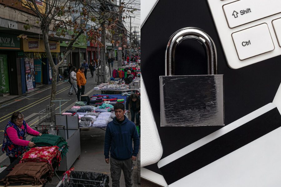 Imagen de personas realizando comercio informal en la calle y un candado con un teclado de computador.
