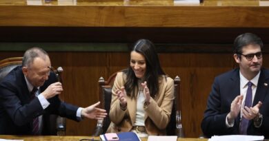 La ministra de Educación María Paz Arzola aplaude junto a otros funcionarios en la Cámara de Diputados durante la votación del proyecto Escuelas Protegidas.
