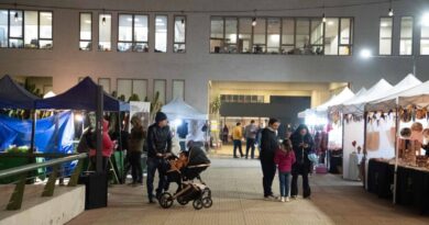 Feria de emprendedores con toldos y personas transitando en el exterior del edificio municipal de Villa Alemana.