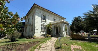 Fachada del Museo Fonck en Viña del Mar, un edificio blanco rodeado de zonas verdes bajo un cielo despejado.