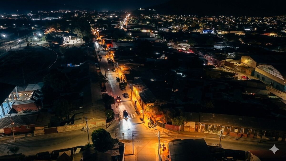 Vista aérea nocturna de las calles iluminadas de Llay Llay