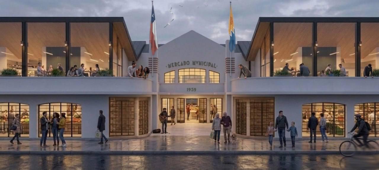 Render del proyecto de remodelación del Mercado Municipal de Viña del Mar con personas en la entrada.