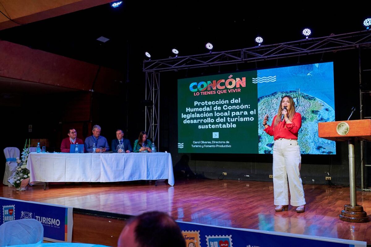 Carol Olivares exponiendo sobre la ordenanza de protección del humedal de Concón en el Simposio de Legislación Turística en Arica.