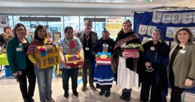 Grupo de personas de pueblos originarios y personal de salud en la Feria Intercultural del Hospital Fricke.